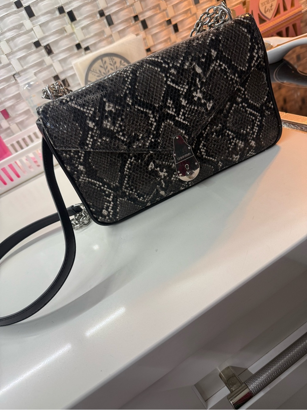 Calvin Klein Snakeskin Print Crossbody Shoulder Bag – Black & Gray